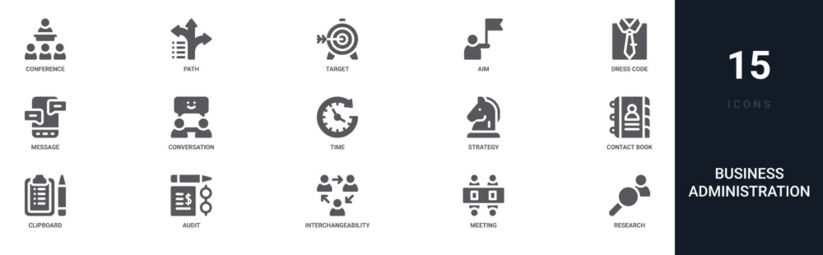 Set of 15 solid Business Administration icons for dashboards, app screens and website sections. Filled glyph collection including path, aim, message, time and strategy.