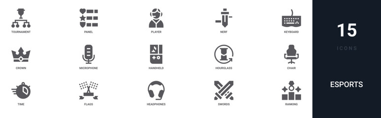 Set of 15 solid Esports icons for dashboards, app screens and website sections. Filled glyph collection including panel, nerf, crown, handheld console and hourglass. © Sophia
