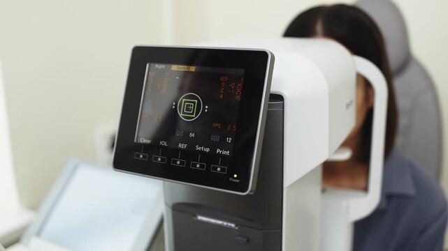 Female patient undergoing an autorefractor vision test in a modern ophthalmology office. Concept ophthalmology, vision screening, eye care, refractive error detection, healthcare.