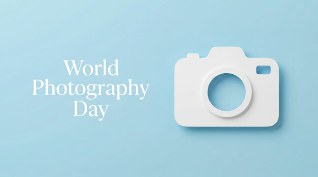 White camera icon celebrating world photography day on blue background