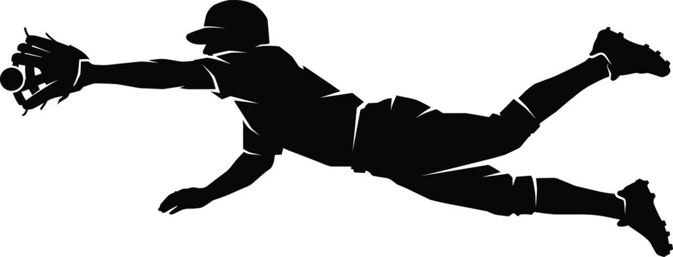 Baseball player silhouette catching the ball while diving midair vector illustration isolated on white background