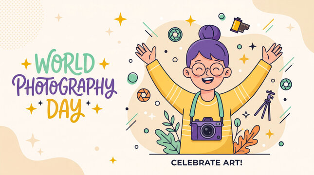 Happy child celebrating world photography day with camera