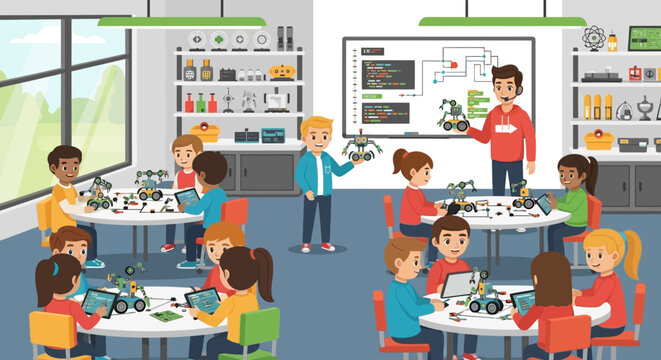Children Learning Robotics and Coding in a STEM Classroom