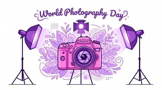 Illustrated camera with studio lights for world photography day