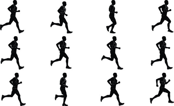 Male runner animation frame set sequence showing running motion cycles isolated on white background