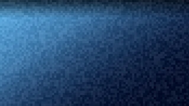 Abstract dark blue digital pixel noise background with a soft glowing light beam texture in the corner. Retro 8-bit grid pattern texture for high-tech designs.