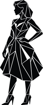 Elegant fashion woman silhouette posing in geometric low poly dress vector illustration isolated on white background