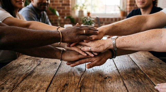 Unity in Hands: A group of diverse people with hands stacked together in a symbol of unity and teamwork, conveying a sense of community and shared purpose.
