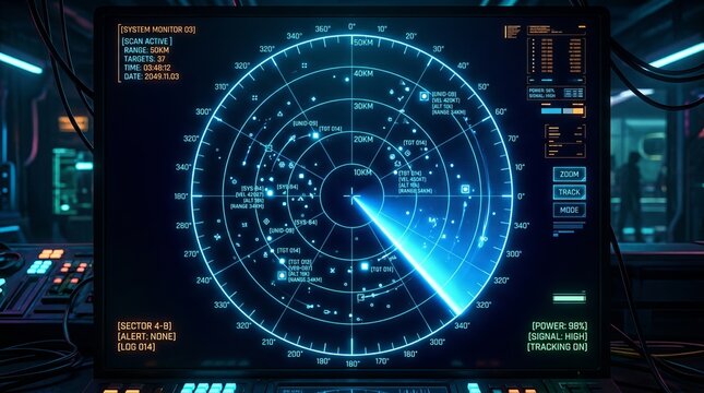 Futuristic digital radar interface display showing glowing blue circular scanning waves with complex navigation data points and tactical target information on a dark high tech screen