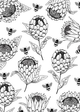 Cute bees and flowers coloring page for adults and kids