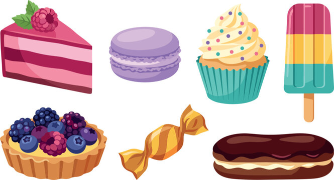 Sweet dessert pastry confectionery element set vector illustration with raspberry cake macaron cupcake fruit tart popsicle eclair.