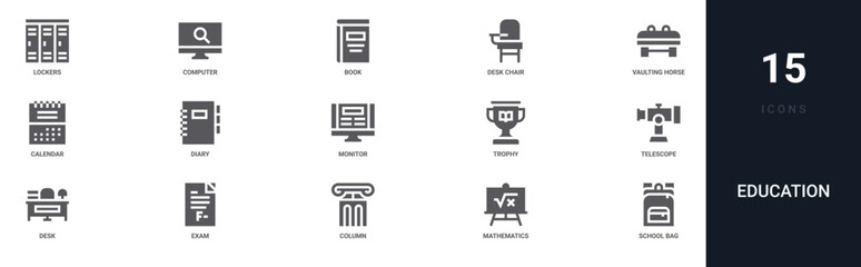 Set of 15 solid Education icons for dashboards, app screens and website sections. Filled glyph collection including computer, desk chair, calendar, monitor and trophy. © Sophia