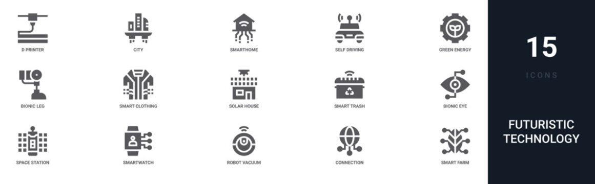 Set of 15 solid Futuristic Technology icons for dashboards, app screens and website sections. Filled glyph collection including city, self driving, bionic leg, solar house and smart trash.