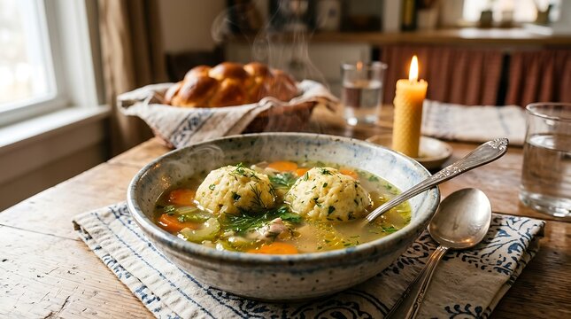 Warm bowl of delicious matzah ball soup on a rustic wooden dining table with a lit candle. Hebrew cuisine recipes