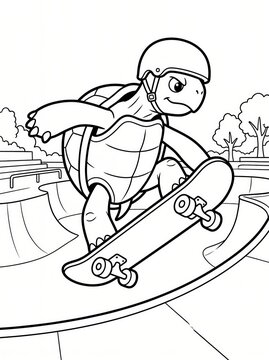 Coloring page, cool turtle doing a trick on a skateboard.