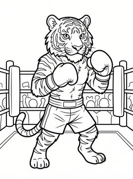Coloring page, fierce tiger standing in a boxing ring.
