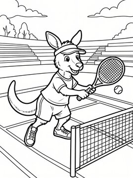 Coloring page, sporty kangaroo hitting a tennis ball.