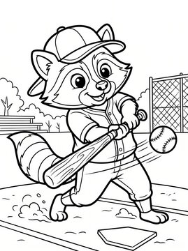 Coloring page, cute raccoon swinging a baseball bat.