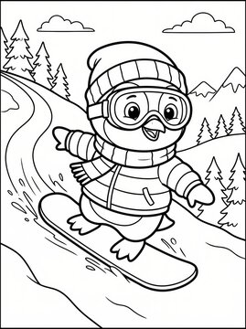 Coloring page, cool penguin riding a snowboard.