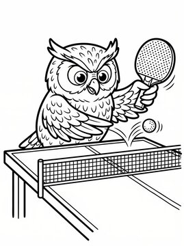 Coloring page, focused owl hitting a ping pong ball.