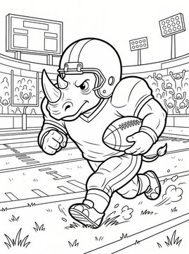 Coloring page, tough rhino running with an american football.