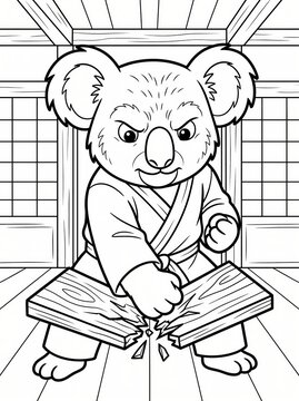 Coloring page, focused koala breaking a wooden board with a karate chop.