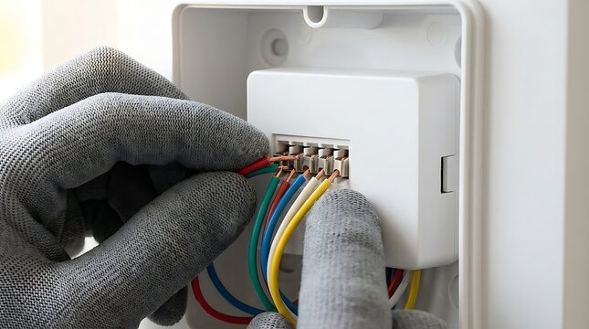 Professional electrician installing colorful wiring into a white plastic electrical wall junction box