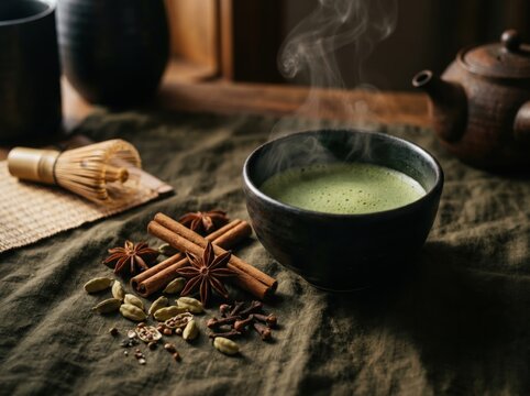 Steaming bowl of authentic green matcha tea with aromatic spices on dark linen cloth; moody, serene lighting highlighting a traditional bamboo whisk and teapot in a rustic wooden setting.