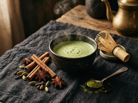 Steaming ceramic bowl of vibrant green matcha tea latte surrounded by cinnamon sticks, star anise, cardamom pods, and a bamboo whisk on a dark rustic linen cloth in soft moody warm lighting.