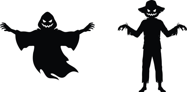 Black silhouette of a ghost and a scarecrow on white background