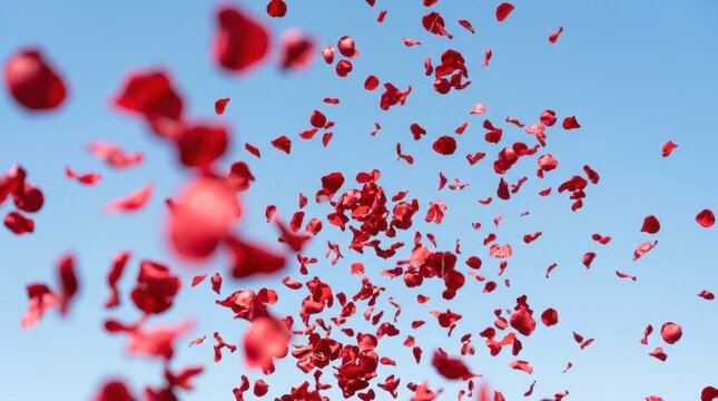 Vibrant red rose petals flying through the clear blue sky in bright natural daylight, creating a romantic and celebratory atmosphere for a beautiful wedding or joyful special event backdrop.
