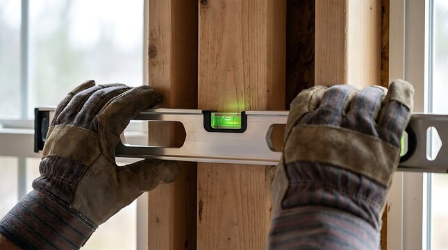 Construction worker using a precision spirit level to check vertical alignment on wooden stud wall frame