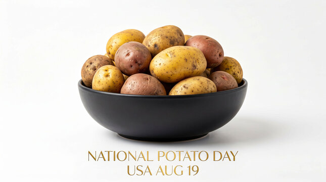 Fresh potatoes in a black bowl for national potato day usa