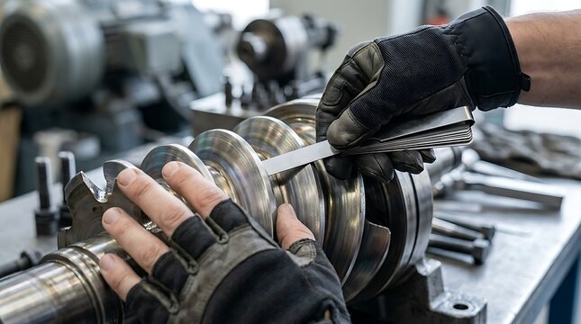 Industrial mechanic measuring metal machine part with feeler gauge in workshop