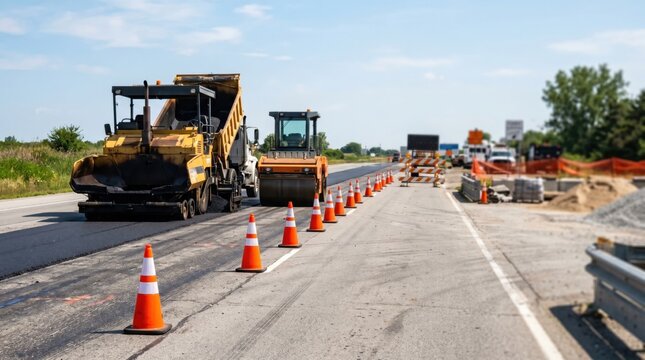 Heavy duty asphalt paver machine and industrial steam roller compactor resurfacing a highway under a bright blue sky with orange traffic cones lining the lane during daytime construction.