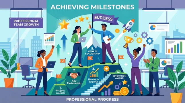 Business team achieving milestones. Professional group celebrating success and growth.