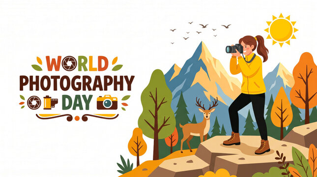 Woman taking nature photography in a colorful forest with mountains