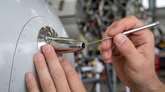 Aircraft maintenance technician inspecting a pitot tube component in a hangar workshop environment