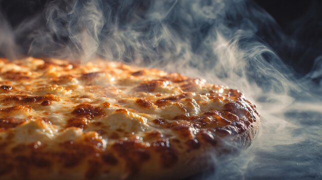 A macro top-down composition of hot pizza steam rising from cottage cheese pizza with glossy cheese reflections and cinematic detail