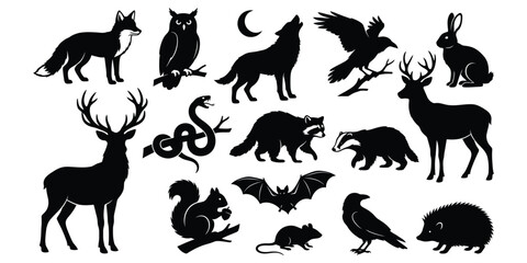 Fototapeta premium Black silhouettes of various forest animals and creatures