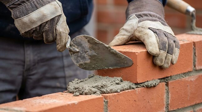Masonry worker laying red bricks with trowel and mortar on a construction site wall