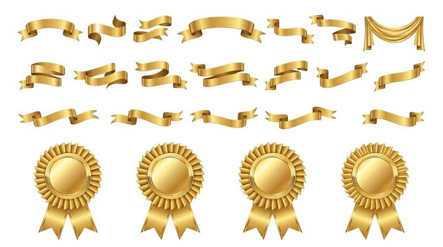 Set of elegant gold ribbons and circular badges featuring metallic textures and glossy finishes designed for premium award certificates and professional event branding graphic design projects