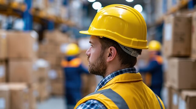 Warehouse supervisor overseeing team lifting safety among stacked cartons