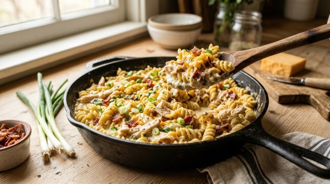Creamy chicken and bacon pasta with rotini in a black cast iron skillet on a rustic wooden table by a window with natural light, served with fresh scallions in a cozy farmhouse kitchen setting.