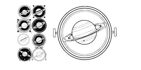 Planet Saturn with Rings Waving from a Spaceship Window Kids Coloring Page © PRO_ED