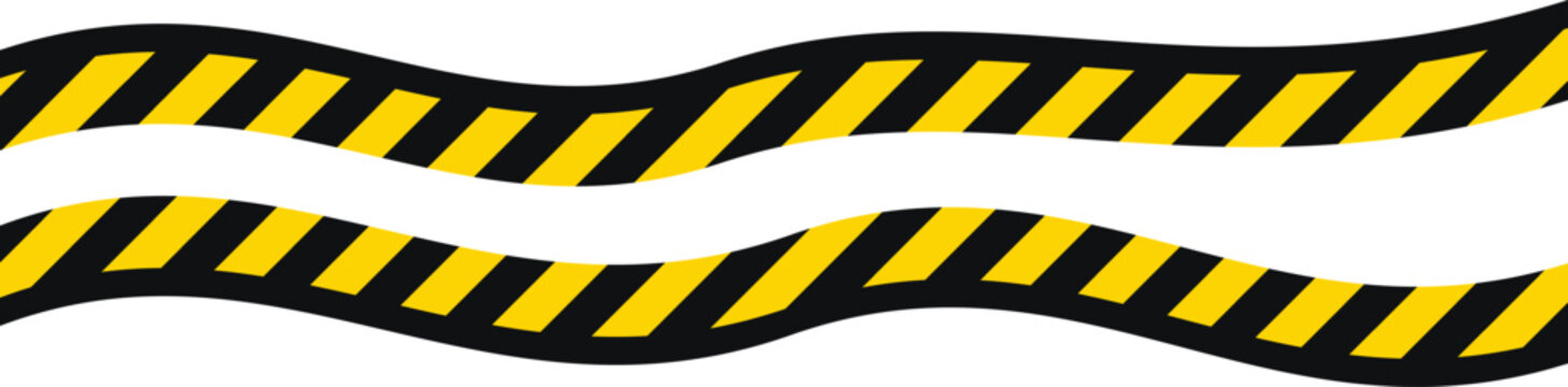 Yellow and black caution tape undulating against a clean white background for safety messaging