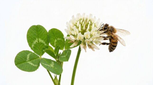 Macro honey bee collecting nectar from a white clover flower with green trifolium leaves isolated on a bright white background, studio lighting for sharp detail and clean natural mood.