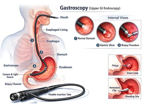 Medical diagram detailing gastroscopy procedure and upper gi endoscopy