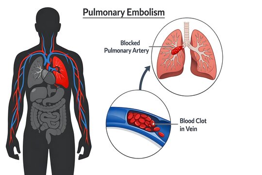 Anatomical diagram of pulmonary embolism circulatory system and lung blockage