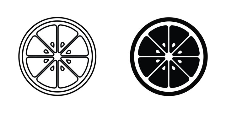 Set of citrus fruit slice icons in outline and solid black style for healthy food design